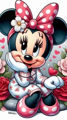 minnie mouse sitting on the ground with roses and hearts in her hair, wearing a pink bow