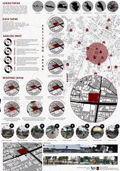 an info sheet with many different types of buildings and streets in red, white and black