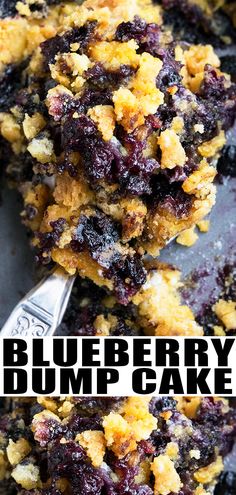 blueberry dump cake on a plate with a spoon in it and the text overlay reads, blueberry dump cake