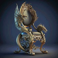 an ornate chair with a dragon on it's back and arms, sitting in front of a blue background