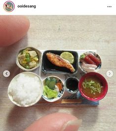 a miniature food tray with sushi, rice and sauces on it is being held by someone's finger