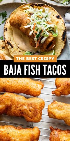 the best crispy baa fish tacos are on display in this collage