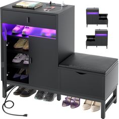 a shoe rack with shoes underneath it and purple light coming from the top shelf above