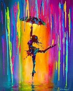 a painting of a woman dancing in the rain with an umbrella