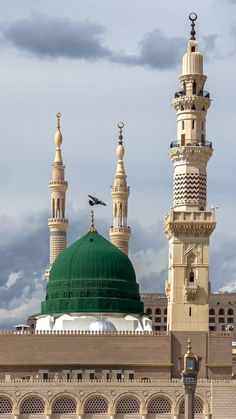 a green dome on top of a building with two minalis and a bird flying over it