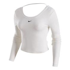 Ribbed Crew Neck Top For Sports, Fitted Cotton Sportswear Tops, Fitted Sportswear Tops For Spring, Basic Nike Winter Tops, Casual Snug Fit Sports Tops, Nike Basic Tops For Fall, Nike Fitted Activewear For Fall, Basic Nike Tops For Fall, White Stretch Activewear With Scoop Neck