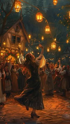 a painting of a woman dancing in front of a group of people with lanterns hanging from the ceiling