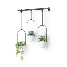 three hanging planters with plants in them