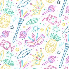 a colorful pattern with pineapples, scissors and other items on white background in pastel colors