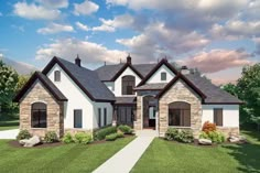 this is an artist's rendering of the front elevation of a house with stone and brick accents