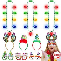 PRICES MAY VARY. Charming and Festive Design: Dive into the holiday spirit with Blowata LED Christmas headband, necklace, and glasses set. Featuring classic motifs like reindeer, trees, and elf hats on headbands, unique 3D bulbs on necklaces, and Santa, tree, and snowman designs on glasses. Universal Fit for Everyone: This set includes 3 Christmas headbands, 3 bulb necklaces measuring 37.7 inches in circumference, and 3 pairs of Christmas-themed glasses. Each item is designed to comfortably fit Led Christmas Headband, Christmas Headband With Lights, Christmas Light Necklace, Antler Tree, Elf Hats, Christmas Headbands, Holiday Headbands, Santa Tree, Christmas Glasses