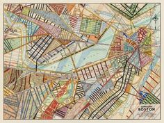 an old map with lots of different colored lines and buildings on the top of it