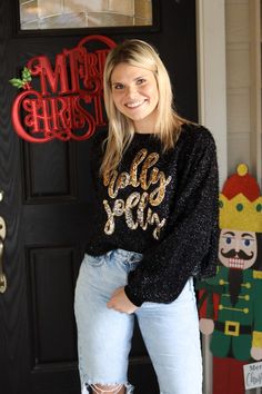 Tinsel Sweater, Embroidered Lettering, Boutique Gifts, Gift Boutique, Holly Jolly, Sweater Black, Cropped Sweater, Bell Sleeve, Black Sweaters