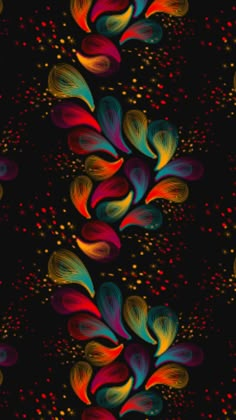 an abstract pattern with many colors and shapes on a black background that is very colorful