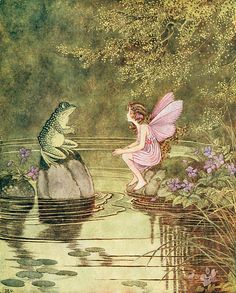 an image of a fairy scene with frog and fairy on the water, surrounded by flowers