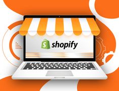 an open laptop computer with the word shopify on it's screen and orange background