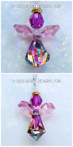 two pictures of different colored glass ornaments on white background, one is purple and the other has