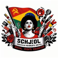 an image of a woman holding a flag and some other items in her hands with the word school on it