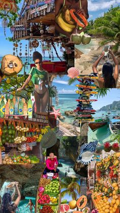 a collage of pictures with people and fruits on them, including bananas, watermelon, pineapples