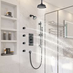 a shower head with thermostaer and hand held shower faucet