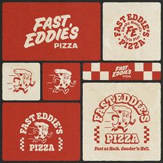 four different logos for fast eddies pizza on red and white paper with checkered edges