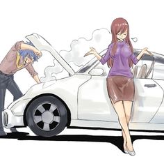 two people standing next to a white car