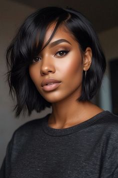 Medium Length Bobs For Black Women, Bob Hairstyles For Black Women Relaxed Hair, Black Woman Bobs Hairstyles, Straight Bob Haircut Black Women, Bob Hairstyles For Black Women Side Part, Shoulder Length Haircut Black Women, Mid Length Bob Black Women, Black Women With Bobs, Medium Length Haircut For Black Women