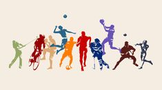 the silhouettes of people playing tennis in different colors and sizes on a white background