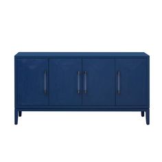 a blue cabinet with three doors and two drawers