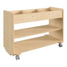 a wooden shelf with three shelves on wheels