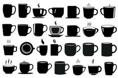 coffee cups and mugs with steam rising from the top to bottom, on white background