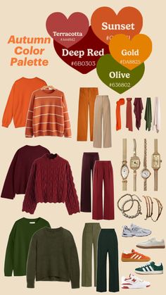 #terracotta #deepred #sunset #orange #gold #yellow #olive #green #autumn #fall #hijab #autumnoutfits #falloutfits Color Palette Outfit, Deep Autumn Palette, Soft Autumn Palette, Warm Fall Outfits, Deep Autumn Color Palette, Autumn Color Palette, Capsule Wardrobe Casual, Colour Combinations Fashion