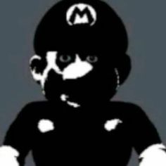 a black and white photo of a person wearing a mario hat