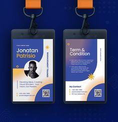 two id cards with lanyards attached to them on a dark blue and orange background