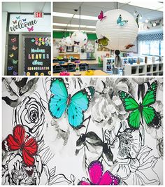 the colorful butterflies are hanging from the ceiling in this classroom area, and on the wall is a sign that says welcome