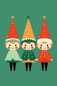 three little kids wearing christmas hats with stars on their heads, standing in front of a green background