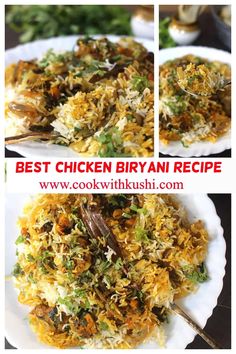 chicken biriyani recipe on a white plate with two pictures showing the same side dish