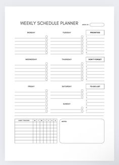 the printable weekly schedule is shown in black and white, with lines on it