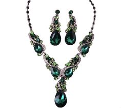 PRICES MAY VARY. Silver Tone Antique Style Art Deco Dark Hunter Forest Green Emerald Peridot Rhinestone Statement Wedding Bridal Prom Chunky Statement Earrings Necklace Gift Set Necklace measures 18" inches long including extension chain. Looks great worn short and close to the neck as a choker/collar necklace or worn long on the chest. Large Long earrings measure 2.25" inches long x .75" inches wide. Perfect for formal events, prom, pageant, drag queen, Gatsby party, wedding and bridal accessor Emerald Costume Jewelry, Slytherin Wedding, Emerald Statement Necklace, Emerald Tiara, Fantasy Ball, Emerald Green Jewelry, Hoco Inspo, Dark Hunter, Choker Collar Necklace