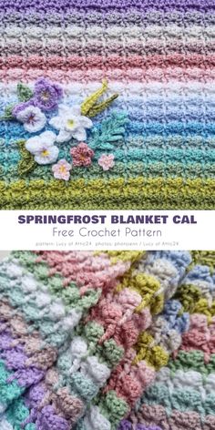 a crocheted blanket with flowers on it and the words spring frost blanket cal written in