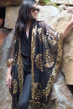 Black Gold Sequin Peacock Duster Caftan Kimono Top One Size Pagan Style, Sequin Duster, Scalloped Sleeves, Sequin Kimono, Kaftan Tops, Tunic Dresses, Sheer Kimono, Kimono Duster, Women Outerwear