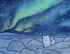 a drawing of a cat sitting on rocks under the stars and the aurora bore in the sky