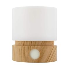 a wooden table lamp with a white light on it's side and a wood base