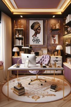 a home office with purple and gold decor