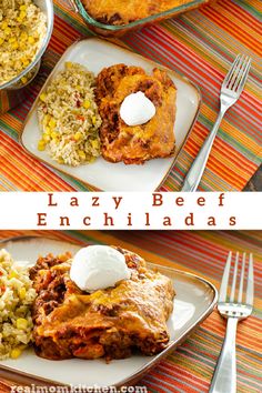 two plates with lasagna beef enchiladas and rice