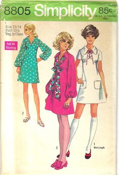 70s Misses' One-Piece Dress sewing pattern. Size 13-14 Bust 33.5 Waist 26.5 Hip 36 The pattern is cut and complete. The envelope shows age; tears around the edges and flap. All patterns are mailed in quality archival storage sleeves. Aline Dress Pattern, Vintage Clothes Patterns, Empire Waist Dress Pattern, 1970s Women, Mod Mini Dress, Vintage Dress Patterns, Motif Vintage, Retro Mode, Simplicity Sewing