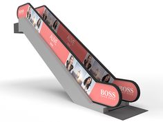 an escalator with three different images on the front and back sides for advertising purposes