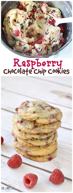 raspberry chocolate chip cookies are stacked on top of each other, with the rest of