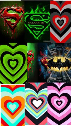 many different colored hearts with batman and superman symbol on them, all in the same color scheme