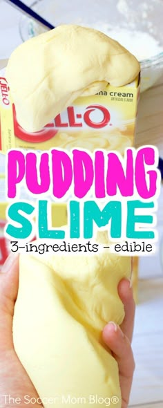 a person holding up a piece of food with the title puddinging slime 3 ingredients edible